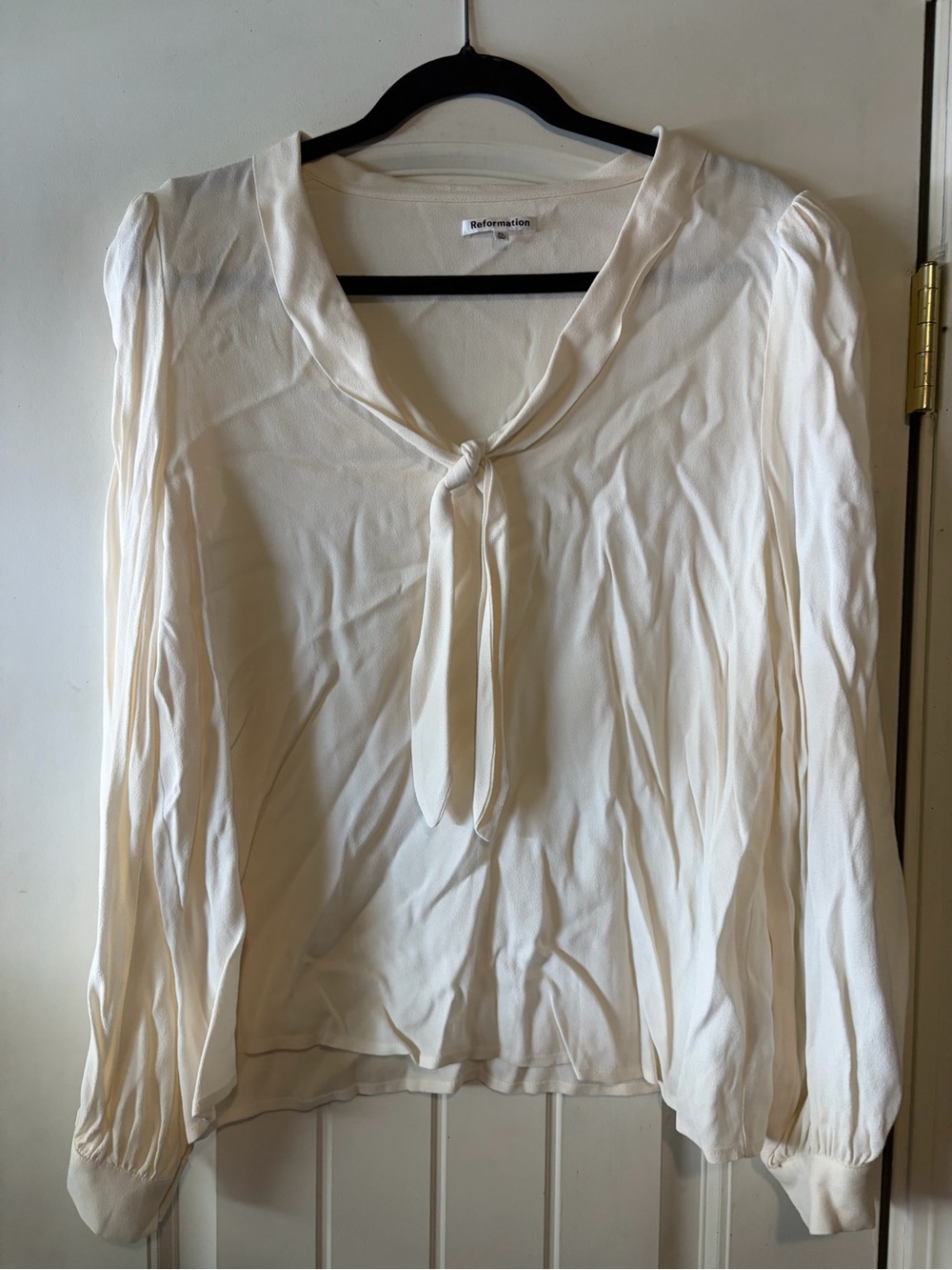 Reformation Ivory Tie-Neck Long Sleeve Blouse